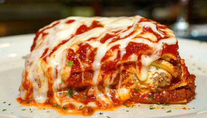 A slice of cheesy lasagna from Carini Italian Restaurant Bar, Richmond, Virginia.